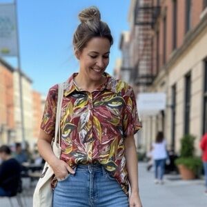 Love Forever XL Tropical Abstract Leaf Printed Beaded Collar Button Up Blouse
